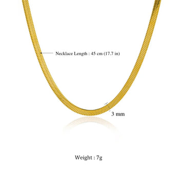 ゴールドカラーのフラットスネークチェーンネックレス、幅3mm、長さ45cm