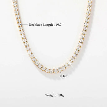 ゴールドカラーのテニスネックレスのサイズ、長さ50cm、ストーン4mm、18g