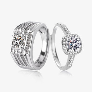 Adjustable couple rings in silver-tone with cubic zirconia, men's and women's rings shown together